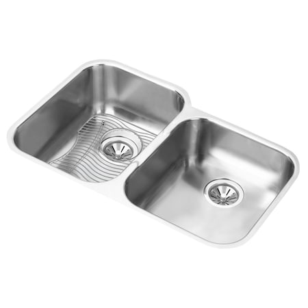Elkay Stainless Steel 31-1/4 X 20-1/2 X 10 Offset Double Bowl Undermount Sink Kit EGUH312010RDBG
